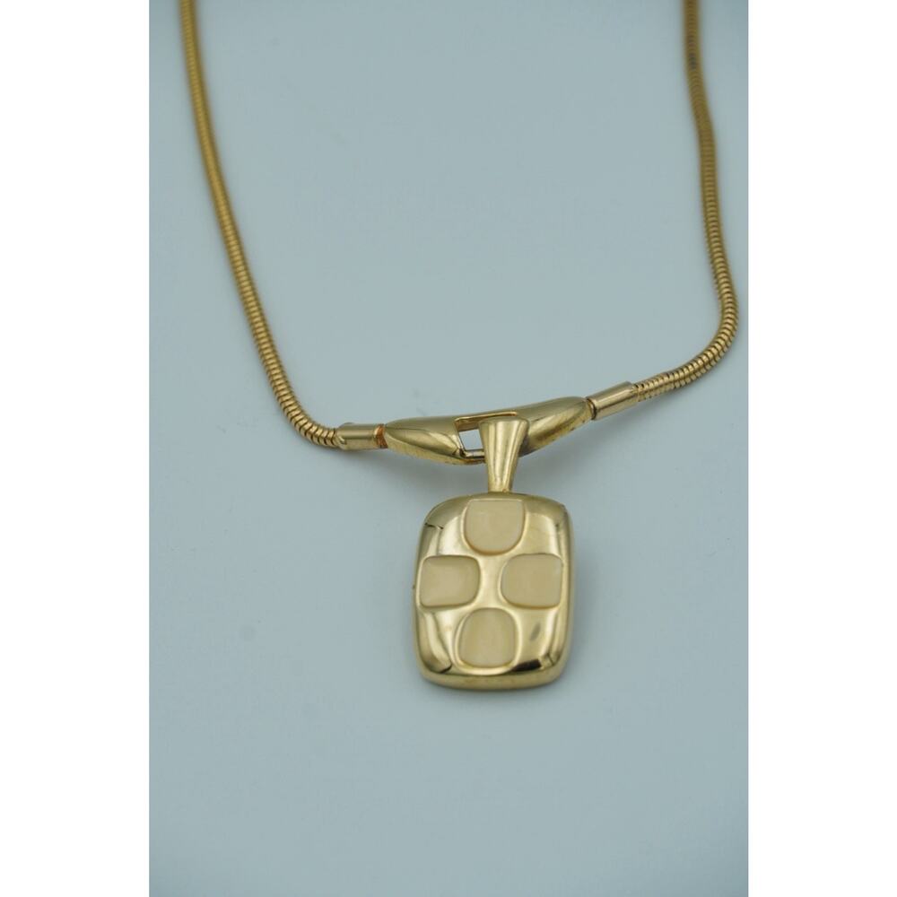Vintage Gold Tone Modernist Pendant Necklace 1970s Geometric Enamel Design